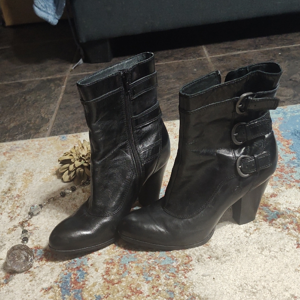 Born Black Heeled Boots with Block Heel and Buckle Details NWOT